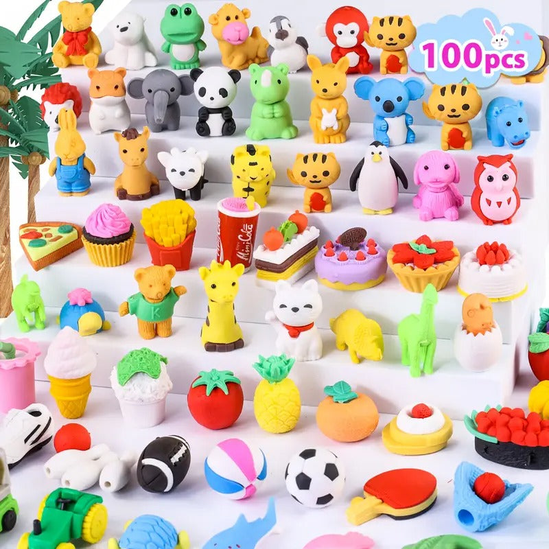 100pcs Fun Animal Erasers For Kids, 3D Kawaii Pencil Erasers, Cute School Stationery, Party Favors, Classroom Prizes, Game Rewards, Goodie Bag Stuffers, Desk Toys, Learning Tools, Collectible Gifts