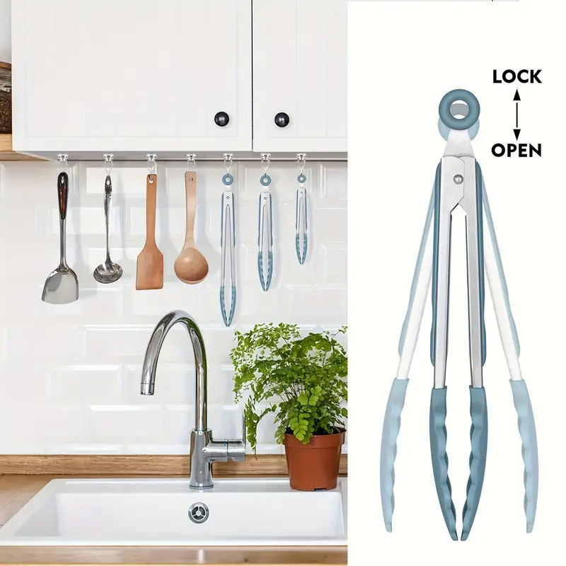 3pcs Premium Stainless Steel Locking Kitchen Clips with Silicone Tips, 3-7", 9" And 12" Set, Suitable for Barbecue, Outdoor Grilling, Barbecue Clips, Easily Pick Up Barbecue, Easy to Clean