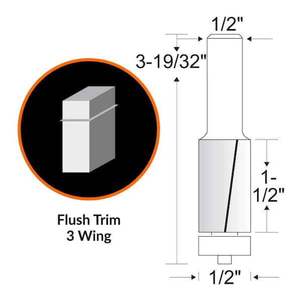 1/2 in. Flush Trim 3-Wing Carbide Tipped Router Bit with 1/2 in. Shank